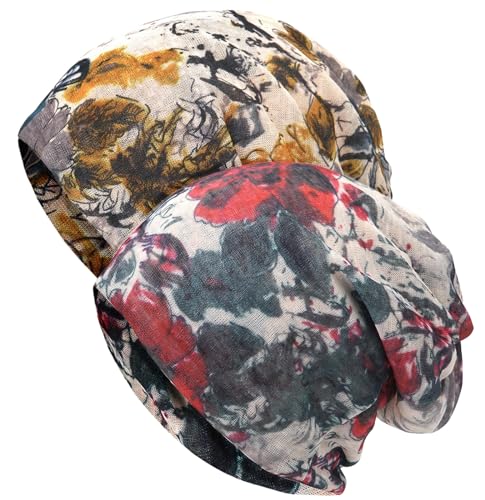 XYIYI Womens Chemo Headwear Hats Cotton Slouchy Beanie Cap Scarf - color: 2pcs Ink Flower Grey Red)