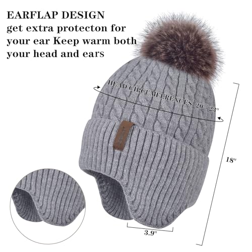 FENELY Women's Knitted Warm Beanie Winter Hat, Warm Chunky Snow Hat with Pompom - color: Grey