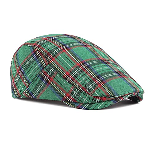 Gudessly Mens Adjustable Colorful Striped Plaid Ivy Newsboy Cabbie Gatsby Golf Cap Flat Cotton Hat Thin Cap - color: T-green