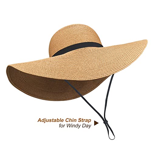 Women Wide Brim Sun Hat UPF50 Straw Summer Hat Floppy Beach Hat Roll-Up - color: Tie Brown