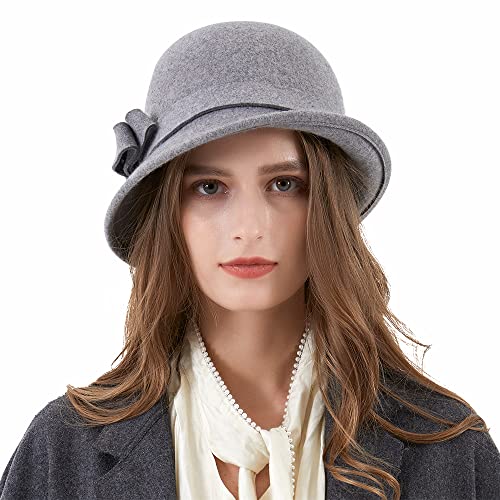 Ladies Wool Felt Bucket Hat Women Vintage Cloche Fedora Winter Church Bowler Hat with Bow - color: Grey