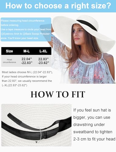 Floppy Sun Hats for Women, Summer Wide Brim Straw Beach Hat - color: Off-white, size: Large
