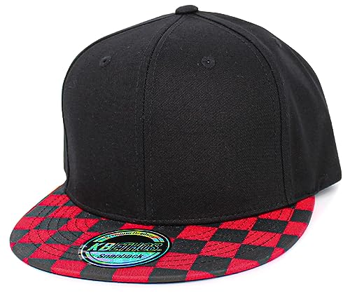 KBETHOS Classic Snapback Hat Blank Cap Underbrim Cotton Wool Blend Flat Visor Adjustable Unisex - color: Black Red Checkered Brim Snapback