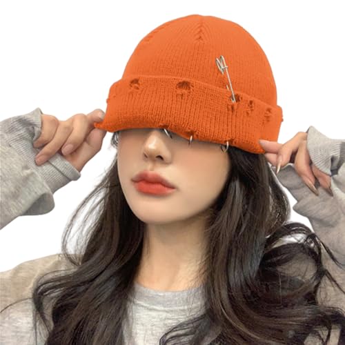 AIBEARTY Swag Short Fisherman Beanie for Men Women Rolled Cuff Beanie Skull Caps Wool Knit Winter Ski Hat with O Rings - color: Orange With Pin