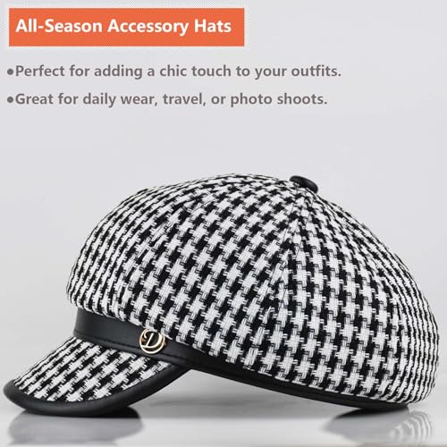 Womens Newsboy Cap French Fashion Hats Summer Cabbie Baker Boy Hat for Fall Beret Cap - color: T1-houndstooth-black