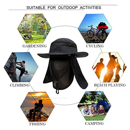 YR.Lover Outdoor UV Sun Protection Wide Brim Fishing Cap with Removable Flap - color: Black