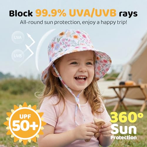 Toddler Bucket Hats UPF 50+ Baby Sun Hat Adjustable Kids Sun Protection Summer Hat Wide Brim Beach Hat for Boys Girls 0-6Y - color: Rose Red+flower, size: 0-6 Months