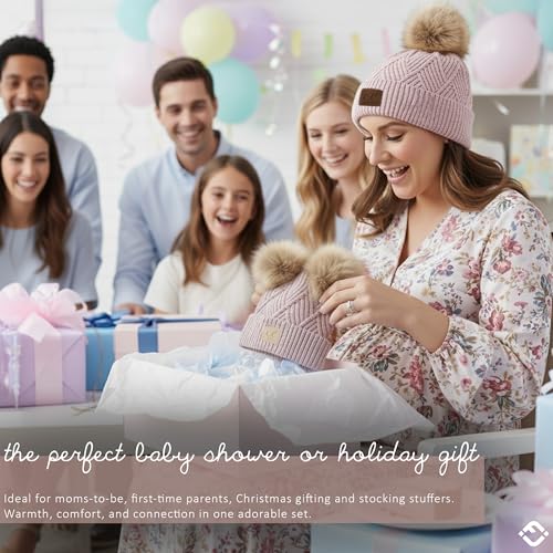 Funky Junque Mommy & Me Pom Pom Beanies Set – Infant Baby & Mom Matching Winter Outfits, Warm Newborn & Women's Beanie Hats - color: Diagonal Basketweave - Beige