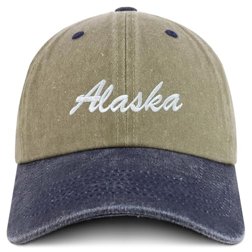 Trendy Apparel Shop Alaska State Embroidered Low Profile Adjustable Cotton Cap - color: Khaki Navy