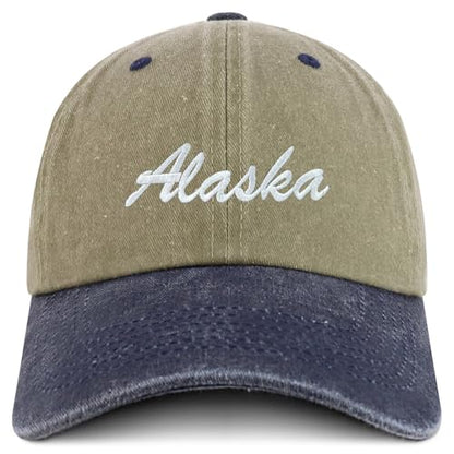 Trendy Apparel Shop Alaska State Embroidered Low Profile Adjustable Cotton Cap - color: Khaki Navy