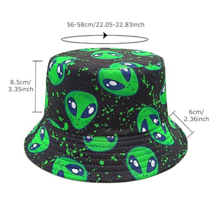 Quanhaigou Reversible Printed Bucket Hat,Summer Beach Outdoor Cap - color: Neon Green Alien