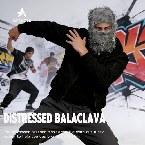 Distressed Ski Mask Balaclava, Yeat Shiesty Knitted Full-Face Mask - color: Gray