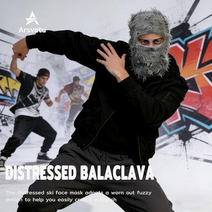 Distressed Ski Mask Balaclava, Yeat Shiesty Knitted Full-Face Mask - color: Gray