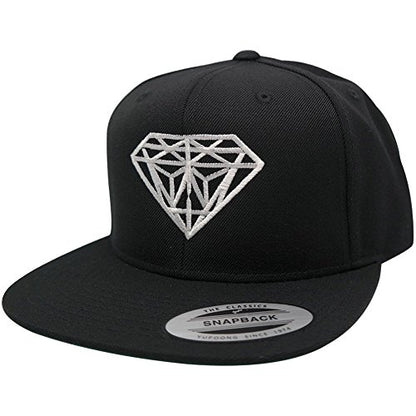Diamond Embroidered Flat Bill Snapback Cap - color: Black With White Thread