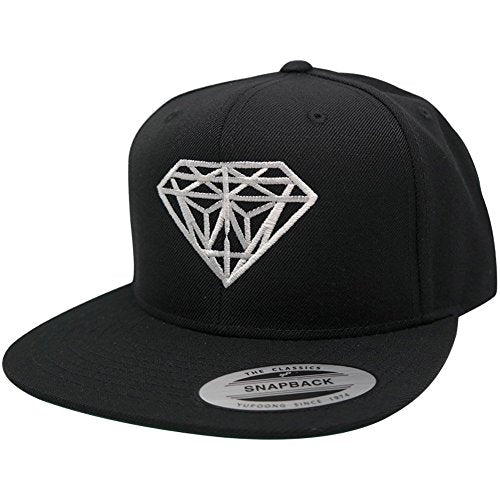 Diamond Embroidered Flat Bill Snapback Cap - color: Black With White Thread