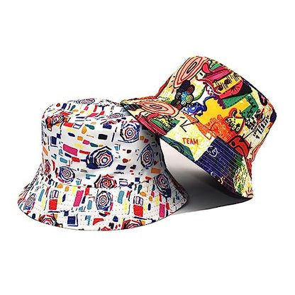 Unisex Print Bucket Hat Sun Hat for Women Men,Reversible Cotton Summer Beach Hat Fisherman Hat - color: Colorful Graffiti