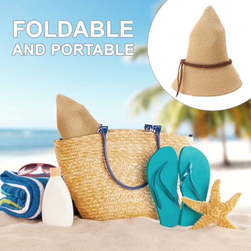 DRESHOW Women Straw Panama Hat Travel Fedora Beach Sun Hat Summer Wide Brim Straw Roll up Hat UPF 50+ - color: Khaki/Braided Rope a
