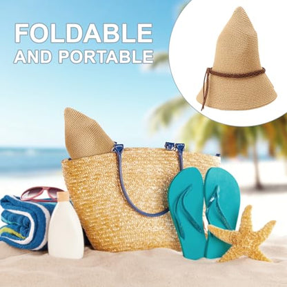 DRESHOW Women Straw Panama Hat Travel Fedora Beach Sun Hat Summer Wide Brim Straw Roll up Hat UPF 50+ - color: Khaki/Braided Rope a
