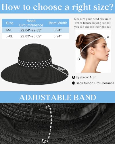 Sun Beach Straw Hats for Women, Summer Wide Brim Hat - color: Light Black, size: Large