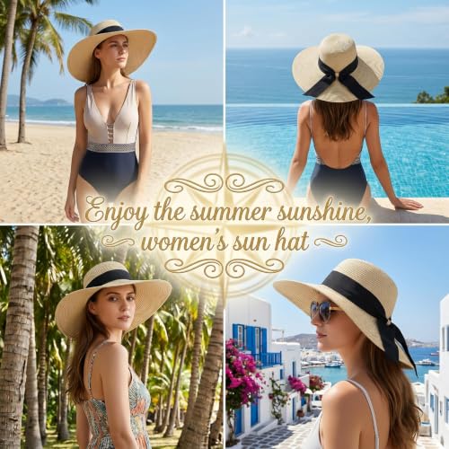 Women's Straw Sun Hat UPF80 UV Protection Foldable Wide Brim Summer Hat Sweatband Adjustable Floppy Beach Hats for Women - color: Beige-foldable