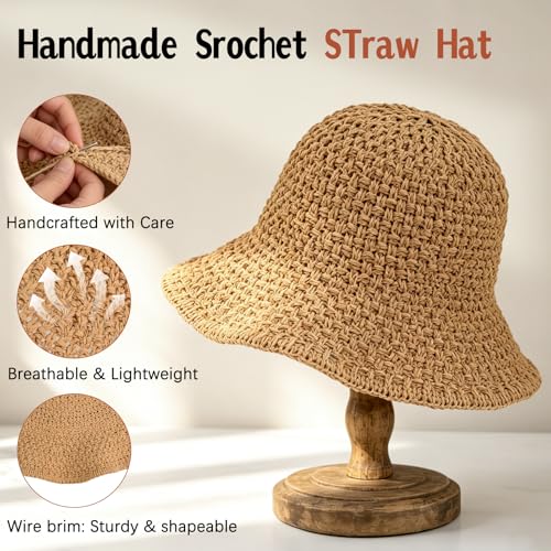 Sun Hat for Women Summer Straw Beach Hats Bucket Hat Floppy Crochet Hat - color: Khaki