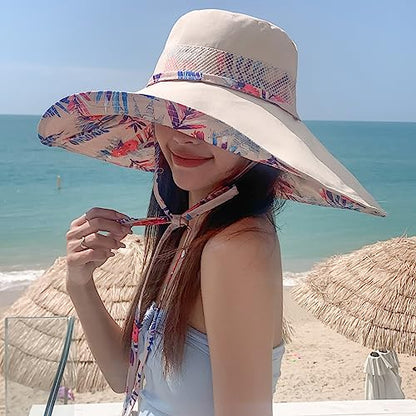 6" Extra Wide Brim Sun Hats UPF 50+ UV Protection Packable Beach Hat Strap Women - color: Beige