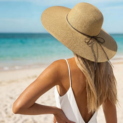 Women's Sun Straw Hat Wide Brim Floppy Foldable Hats Beach Travel Summer Vacation Hat UPF 50+ - color: Khaki