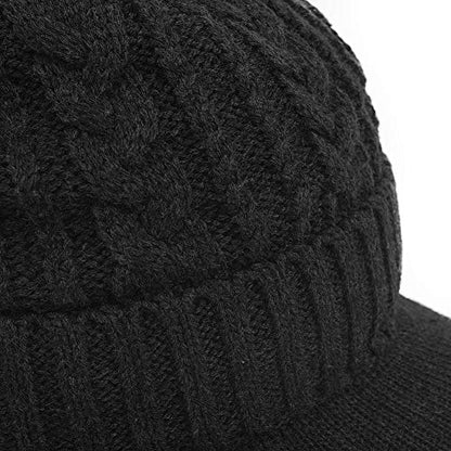 Original One Men Wool Blend Cable Knitted Visor Beanie Winter Knit Hat with Brim Fur Lined Ski Cap - color: Black