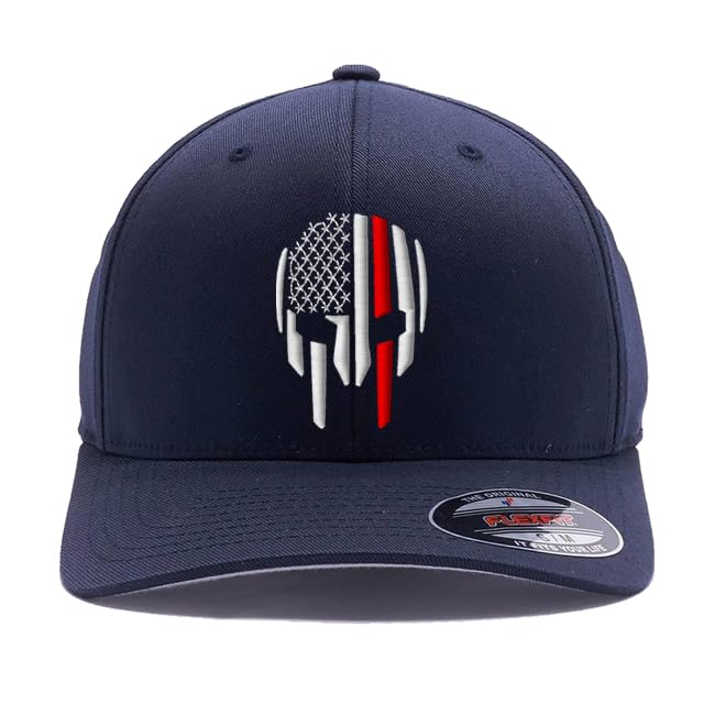 G&B Red Thin Red/Blue Line Spartan Helmet & Distressed Skull Flex Baseball Cap. Embroidered. 6277/6477 Flex Baseball Hat - color: Dark Navy, size: Small-Medium