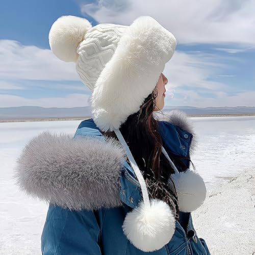 Winter Pompom Beanie Hats for Women Fluffy Knit Skull Cap Womens Faux Fur Crochet Warm Bucket Outdoor Ear Cover - color: White