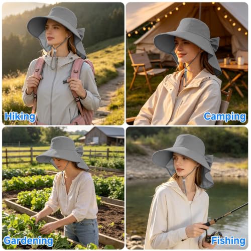 Womens Ponytail Hole Sun Hat with Neck Flap Outdoor UPF 50+ - color: Grey
