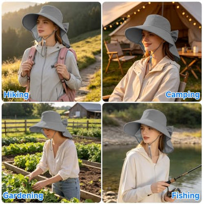 Womens Ponytail Hole Sun Hat with Neck Flap Outdoor UPF 50+ - color: Grey
