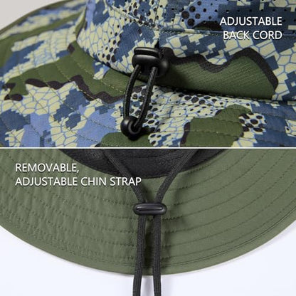 BASSDASH UPF 50+ Water-Resistant Fishing Bucket Hat with Laser Perforated Mesh Adjustable for Men Women Outdoor Hiking - color: Green Vegetation Camo