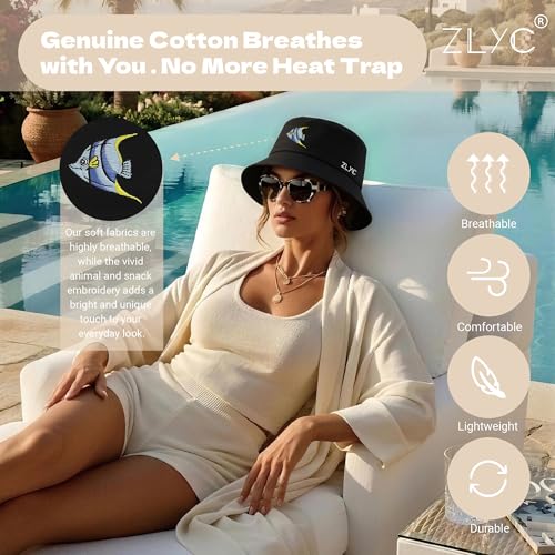 ZLYC Cotton Bucket Hat for Women Men Embroidered Packable Summer Sun Cap - color: Blue Angelfish Black