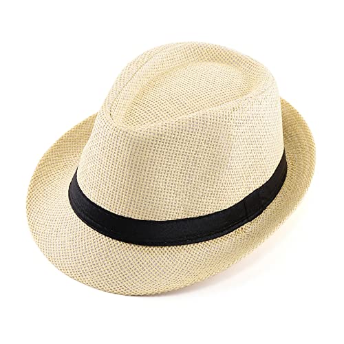FALETO Unisex Summer Panama Straw Fedora Hat Short Brim Beach Sun Cap Classic - color: #01 Beige