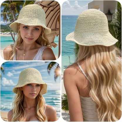 Floppy Big Beach Straw Hats for Women Foldable Summer Wide Brim Packable Sun Hat Womens Travel Straw Fedora Hat - color: Beige-5