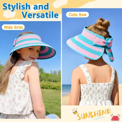 ZOORON Girls Straw Sun Visor Hat, Wide Brim Ponytail Beach Hat with Bow - color: Seablue+pink