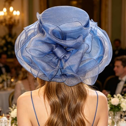 DRESHOW Women Organza Hat Church Cap Hats Clearance Kentucky Derby Cocktail Tea Party Wedding Flower Hat with Wide Brim - color: Bow Hat: Navy