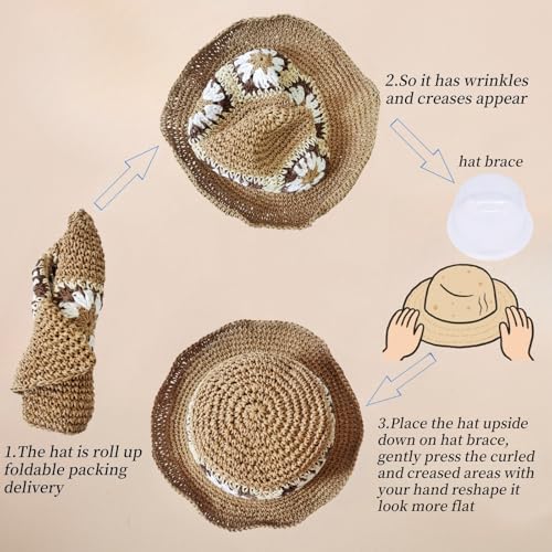 Floppy Big Beach Straw Hats for Women Foldable Summer Wide Brim Packable Sun Hat Womens Travel Straw Fedora Hat - color: Floral-3