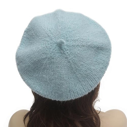 ZLYC Women French Beret Hat Winter Knitted Stretchable Beret Artist Cap - color: Plain Blue