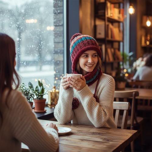 HUAMULAN Women Winter Knit Beanie Hat Circle Scarf Set Pompoms Ear Flaps - color: Red