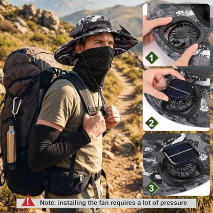 Syhood Solar Powered Fan Hat Neck Gaiter Arm Sleeves Sun Bucket Hat with Fan Cooling Wide Brim Hats for Fishing Hiking - color: Camouflage7, style: Breathable