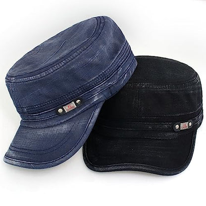 Unisex Cadet Army Cap Adjustable Flat Top Cap Washed Cotton Military Hat Baseball Cap - color: Black Navy