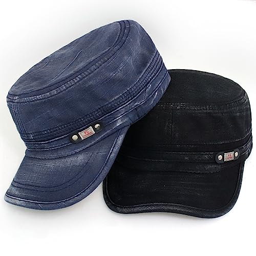 Unisex Cadet Army Cap Adjustable Flat Top Cap Washed Cotton Military Hat Baseball Cap - color: Black Navy
