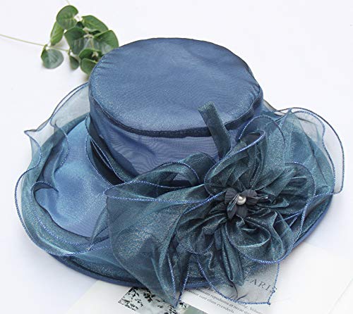 Organza Fascinator Hat - Women’s Wide Brim Church Bridal Tea Party Wedding Hat - color: 02a-darkblue