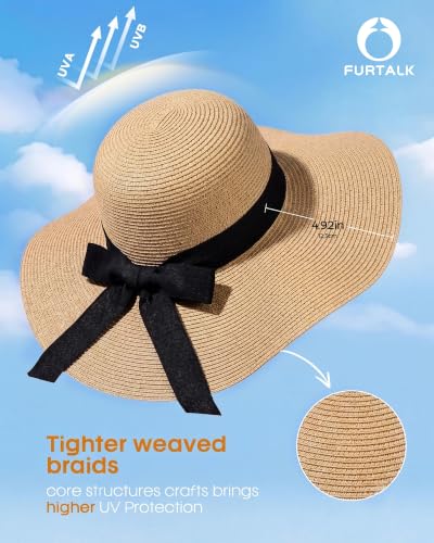 FURTALK Womens Sun Straw Hat Wide Brim Floppy Summer Beach Hats for Women - color: Khaki, size: Medium-Large