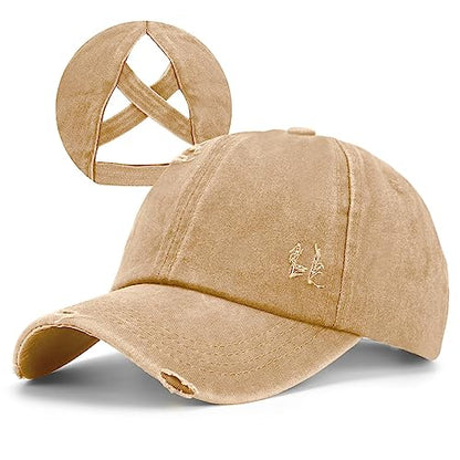 Criss Cross Ponytail Hat Women Washed Distressed Baseball Caps Adjustable High Messy Bun Ponycap - color: B - Denim Khaki