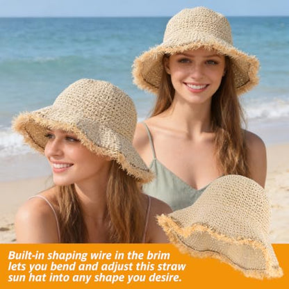 Women's Straw Bucket Sun Hat, Packable Floppy Wide Brim Beach Hat - color: Beige