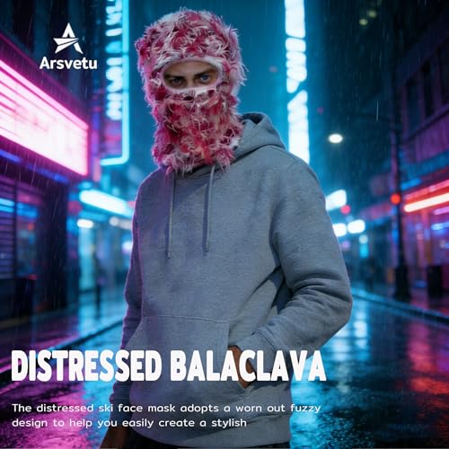 Distressed Ski Mask Balaclava, Yeat Shiesty Knitted Full-Face Mask - color: Darkred