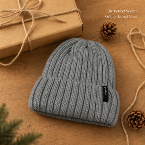 Winter Hats for Women Men Fleece Lined Ribbed Knit Beanie - color: Grey